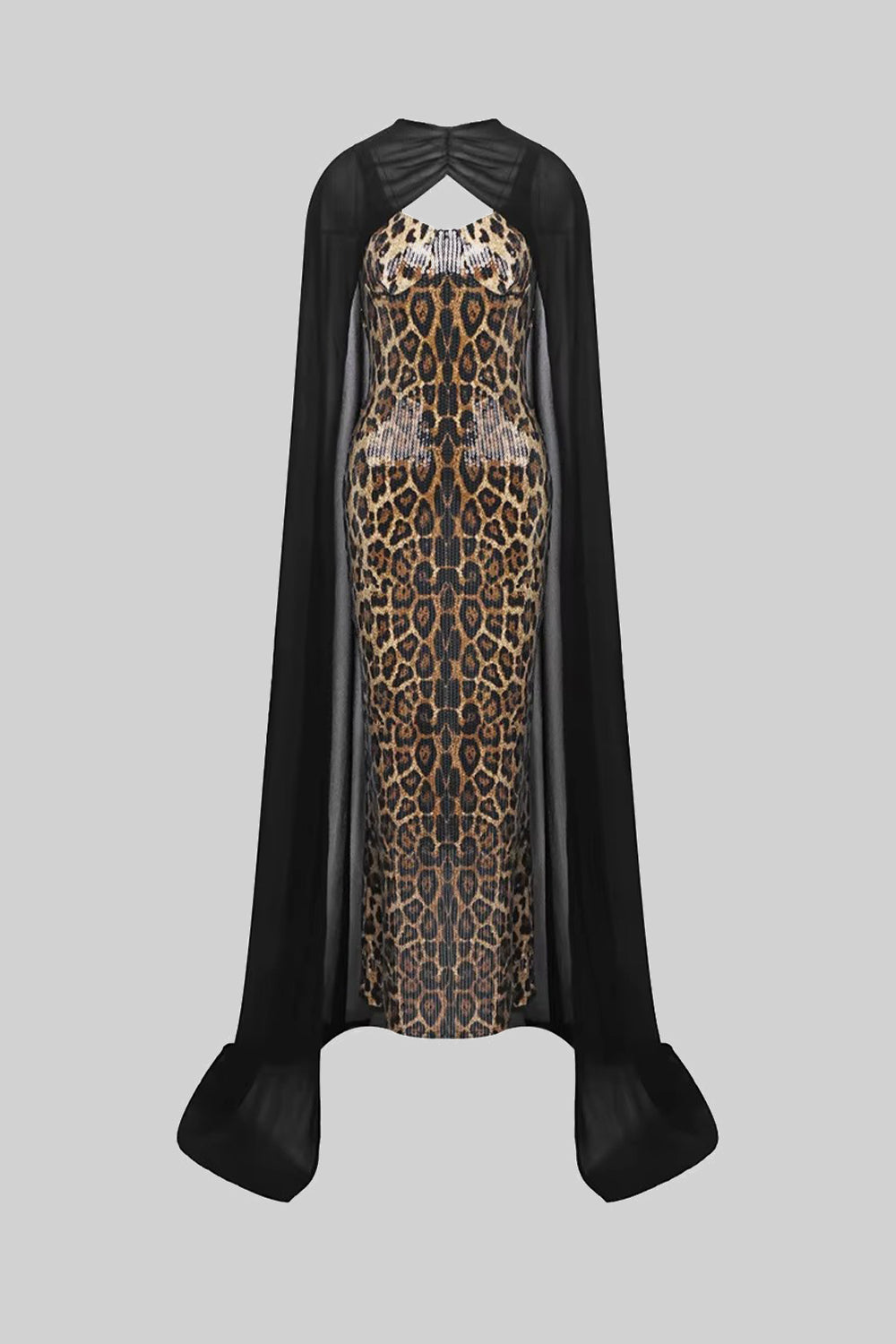 Sequin Maxi Dress with Sheer Cape Overlay – Leopard & Black - View 2