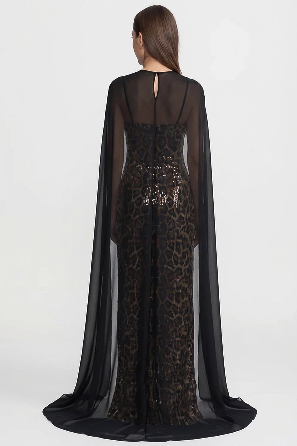 Sequin Maxi Dress with Sheer Cape Overlay – Leopard & Black - View 4