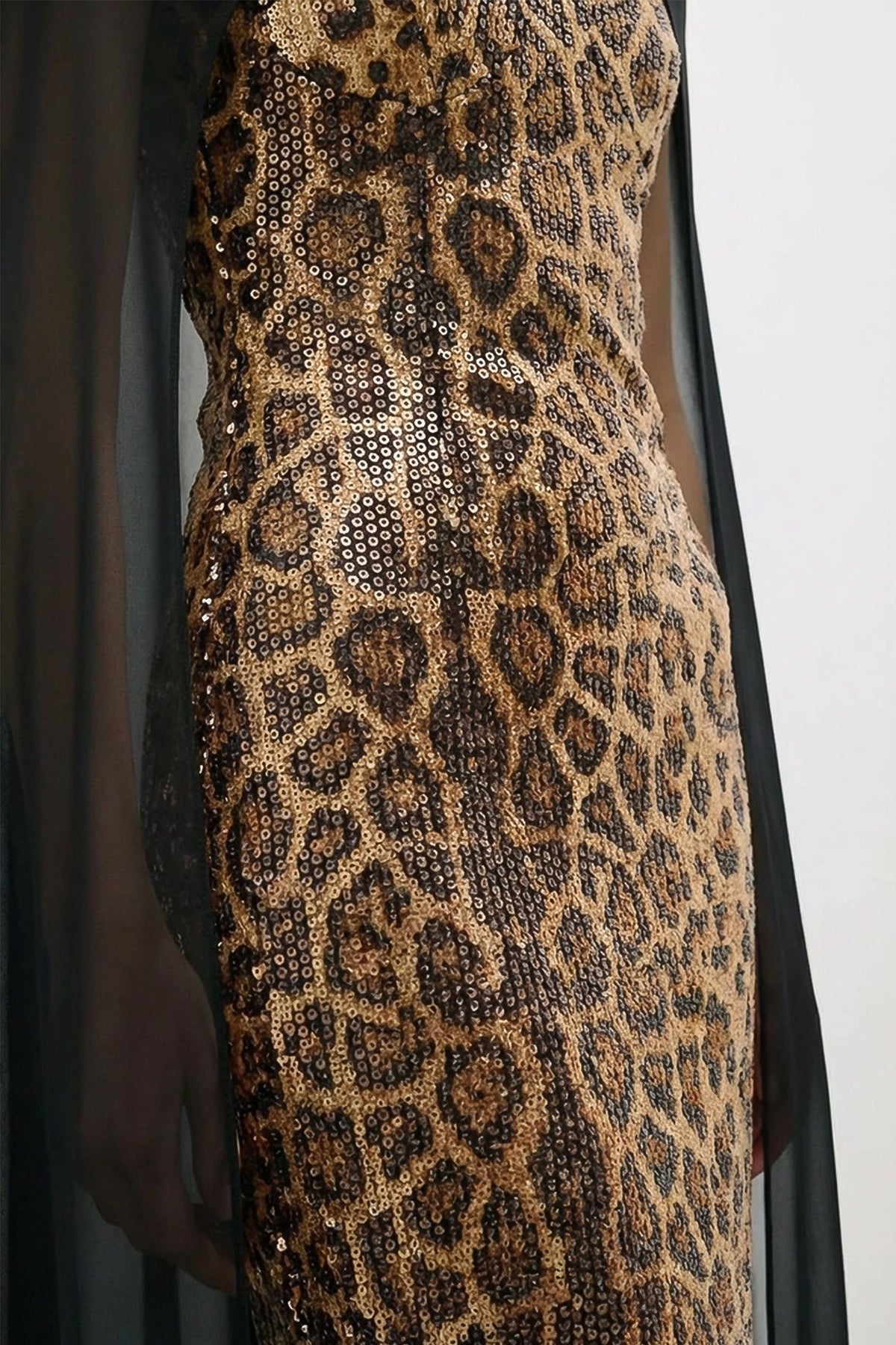 Sequin Maxi Dress with Sheer Cape Overlay – Leopard & Black - View 3