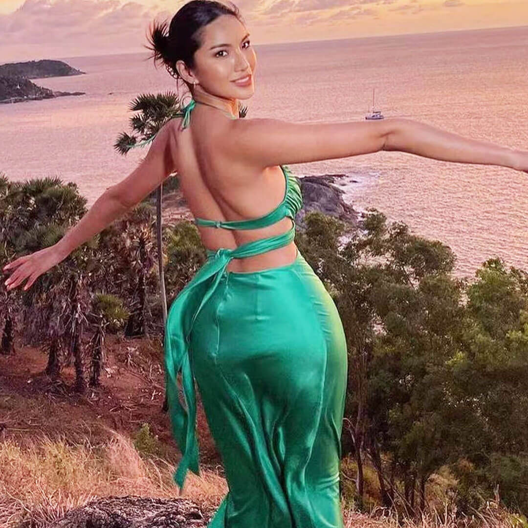 Tie Back Twist Front Cut Out Satin Slip Maxi Dress - Green - View 2