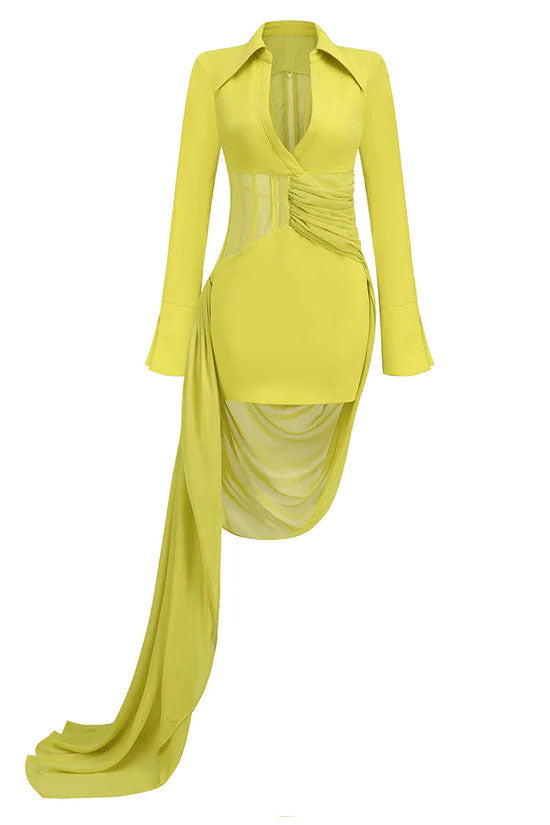 Collared Deep V-Neck Long Sleeve Corset Bodycon Mini Dress - View 2