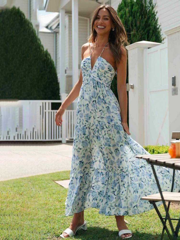 Floral Halter Neck Ruched Tiered Maxi Summer Dress - View 4