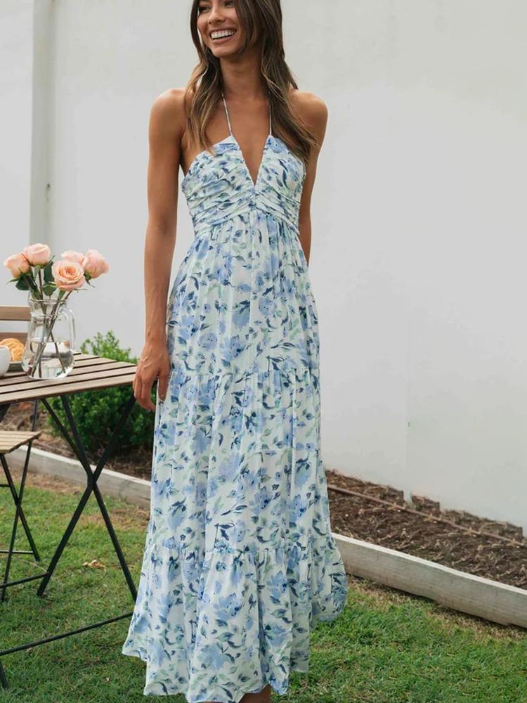 Floral Halter Neck Ruched Tiered Maxi Summer Dress - View 6
