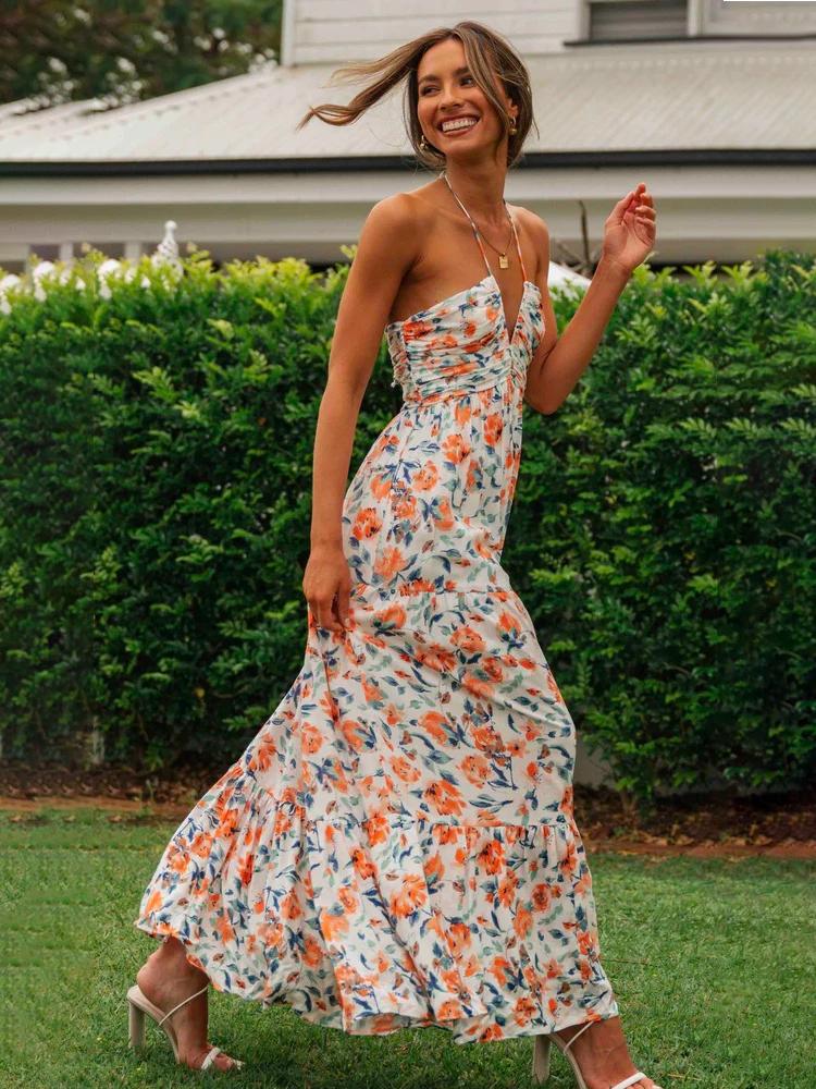 Floral Halter Neck Ruched Tiered Maxi Summer Dress