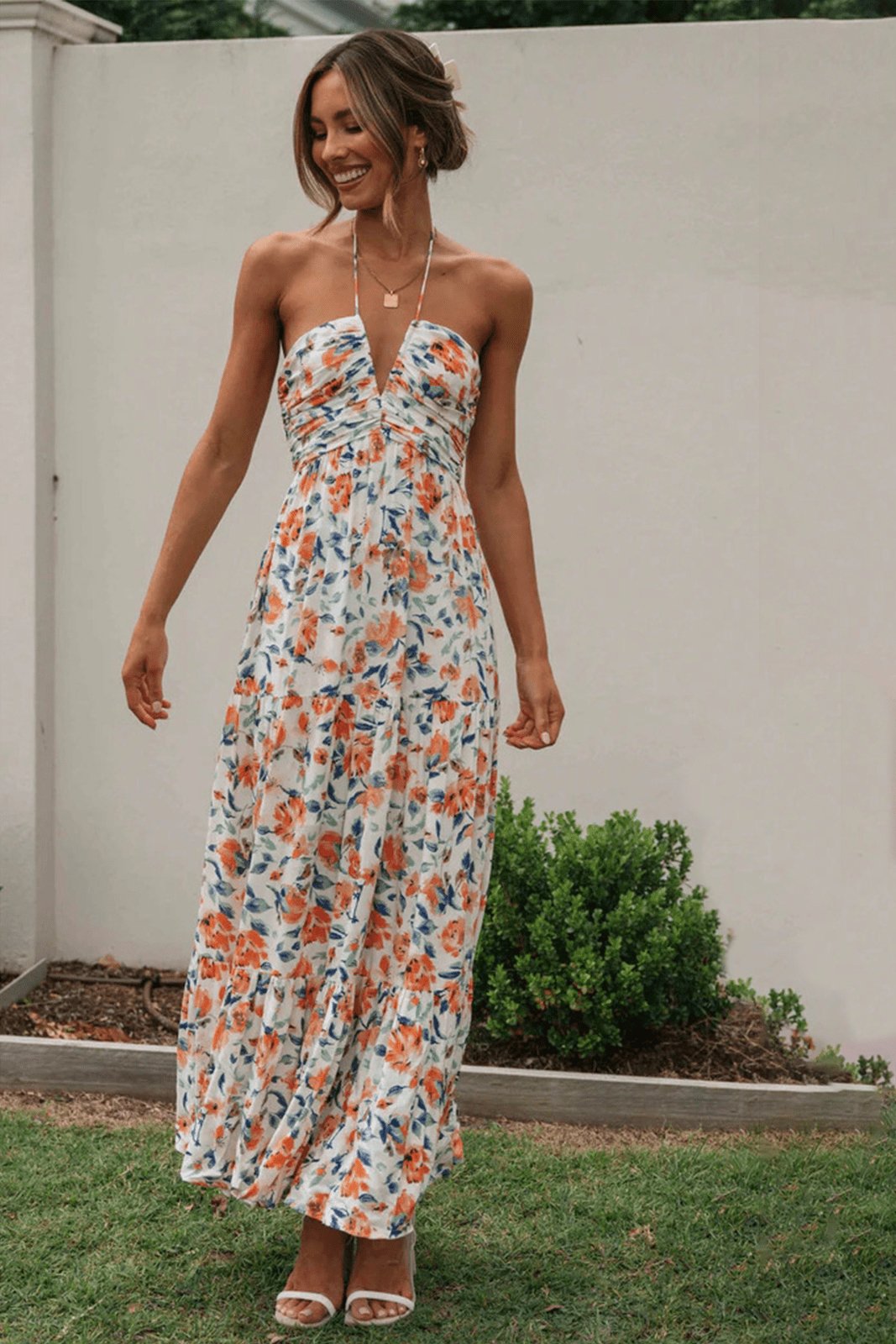 Floral Halter Neck Ruched Tiered Maxi Summer Dress - View 8
