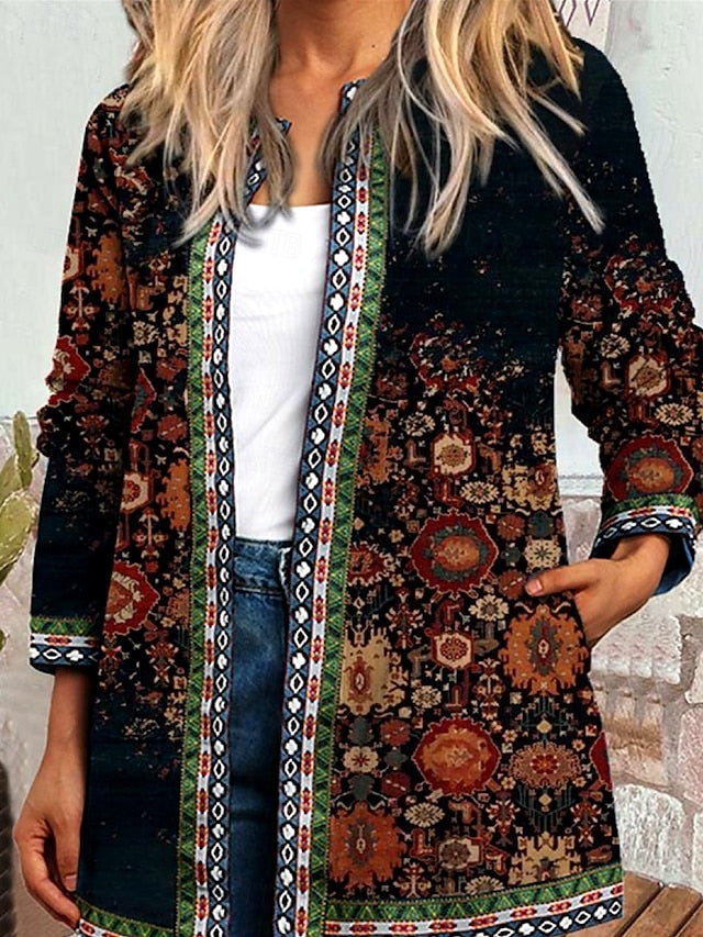 Floral Print Contrast Trim Open Front Boho Jacket 9