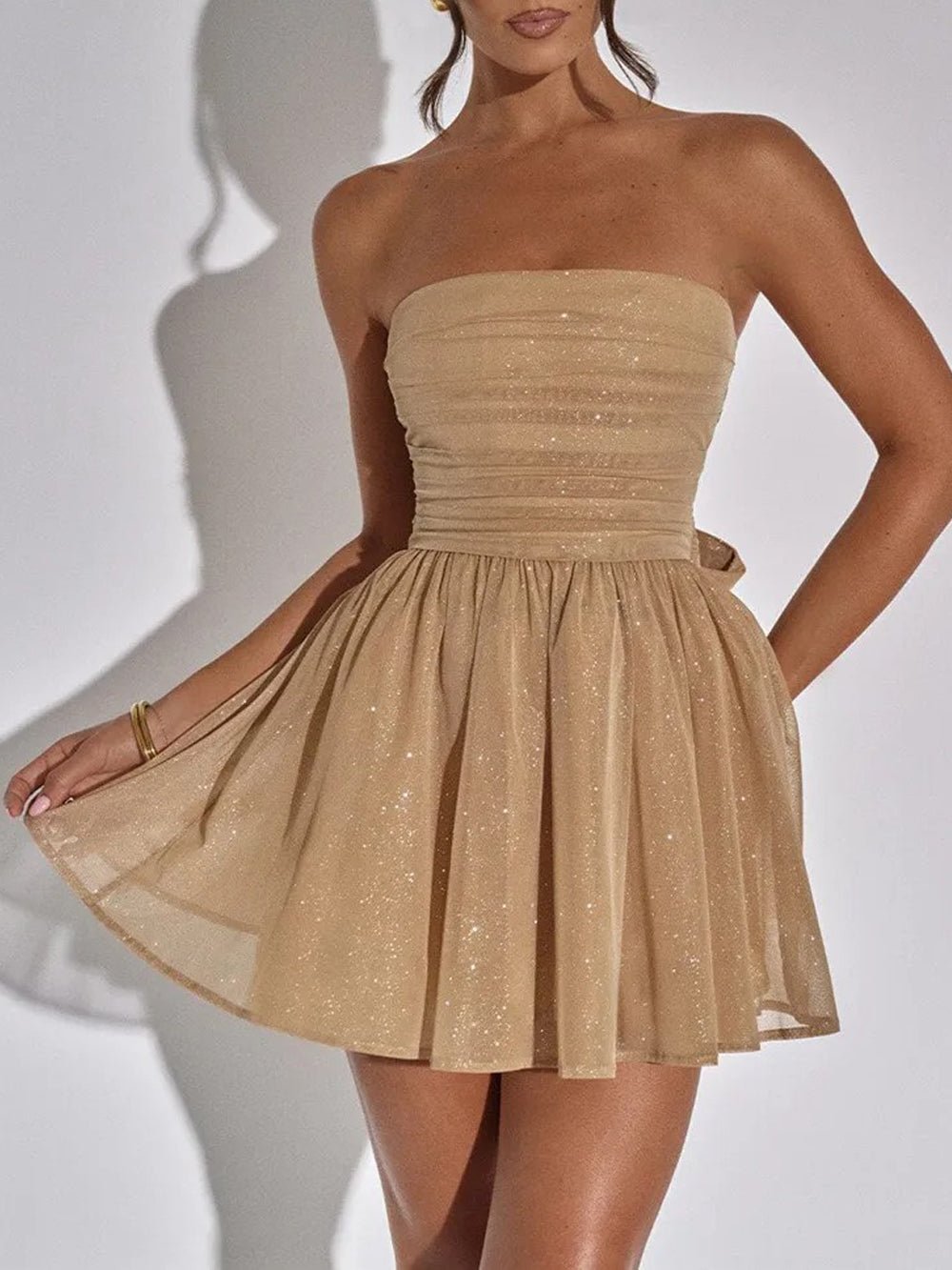 Glitter Tulle Strapless Ruched Fit and Flare Mini Dress - View 5