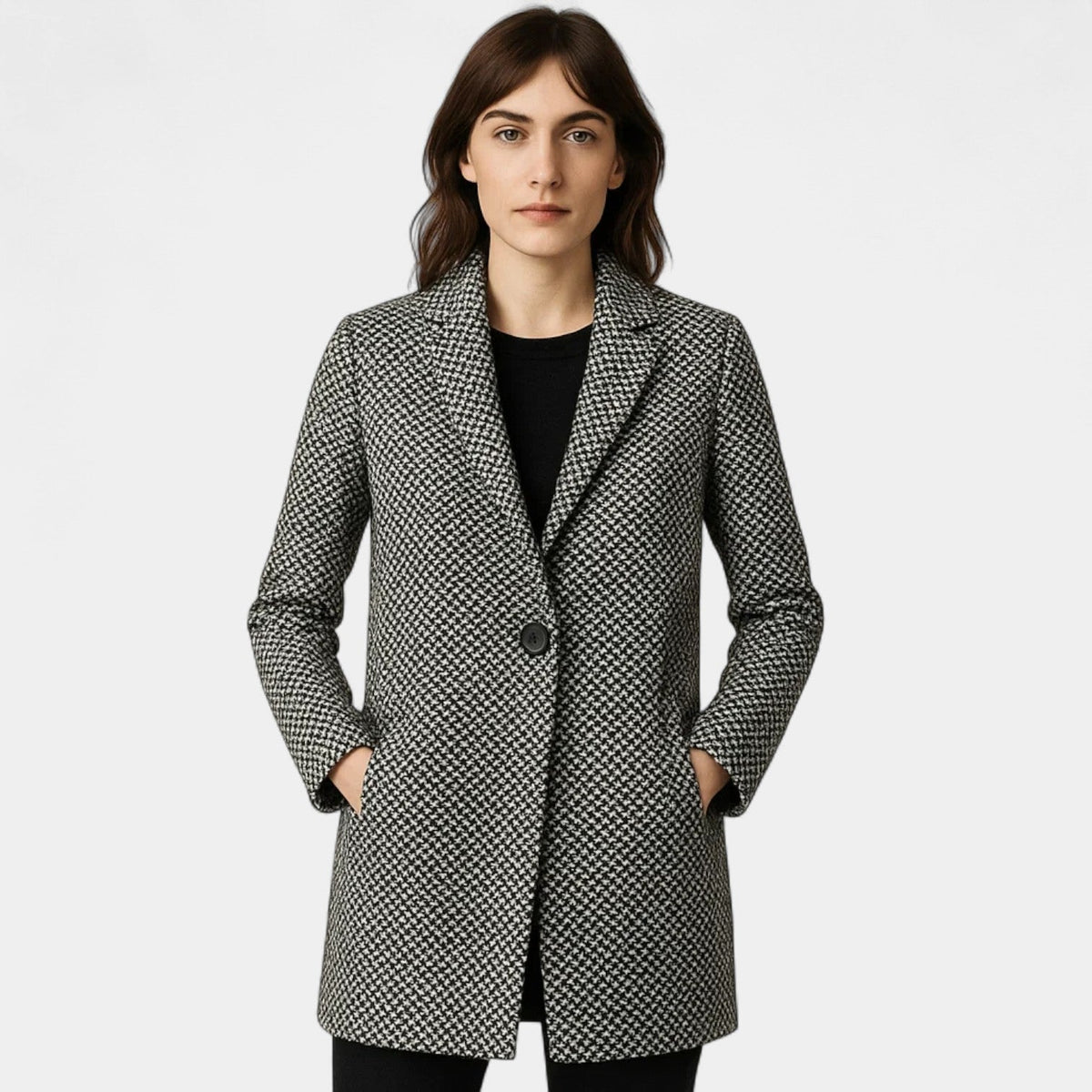 Houndstooth Notch Lapel Single Button Longline Coat 2