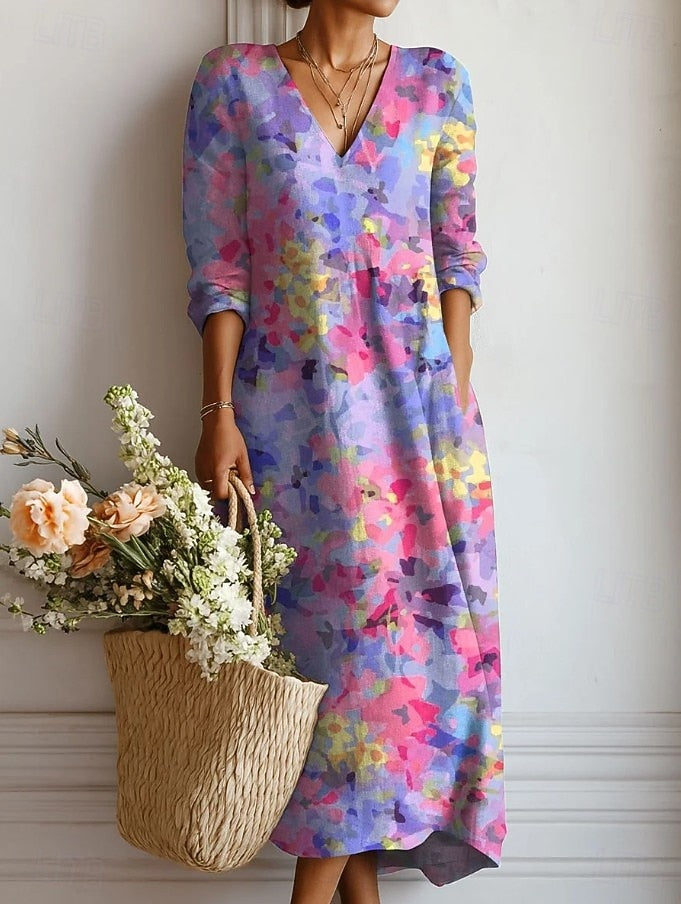 Floral V-Neck Long Sleeve A-Line Maxi Dress 2