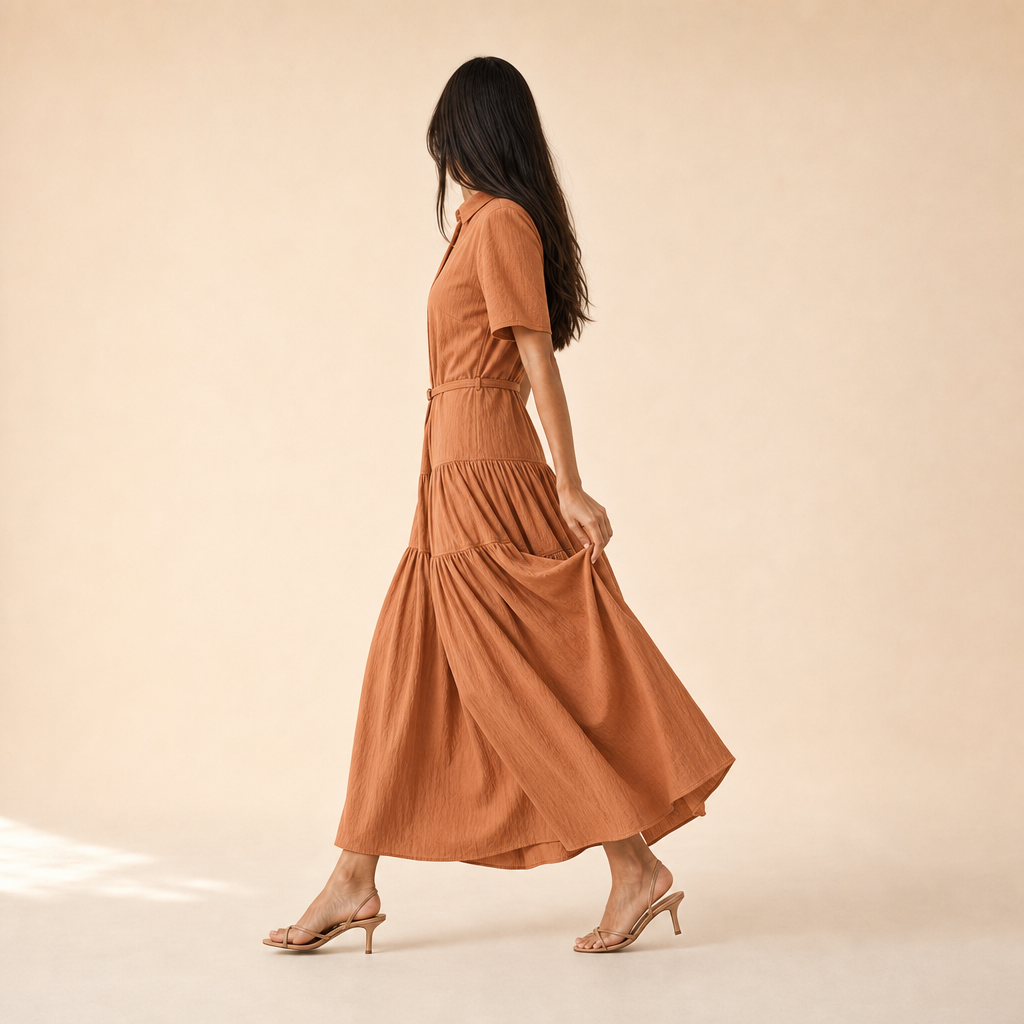Collared Short Sleeve Belted Drop Waist Midi Shirt Dress 5