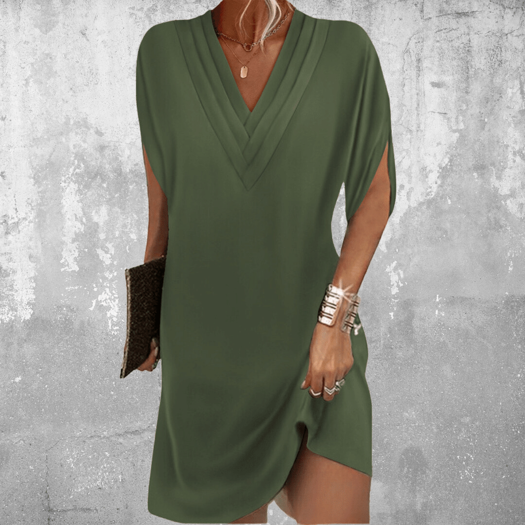 Layered Pleated Deep V-Neck Short Slit Sleeve Shift Mini Dress