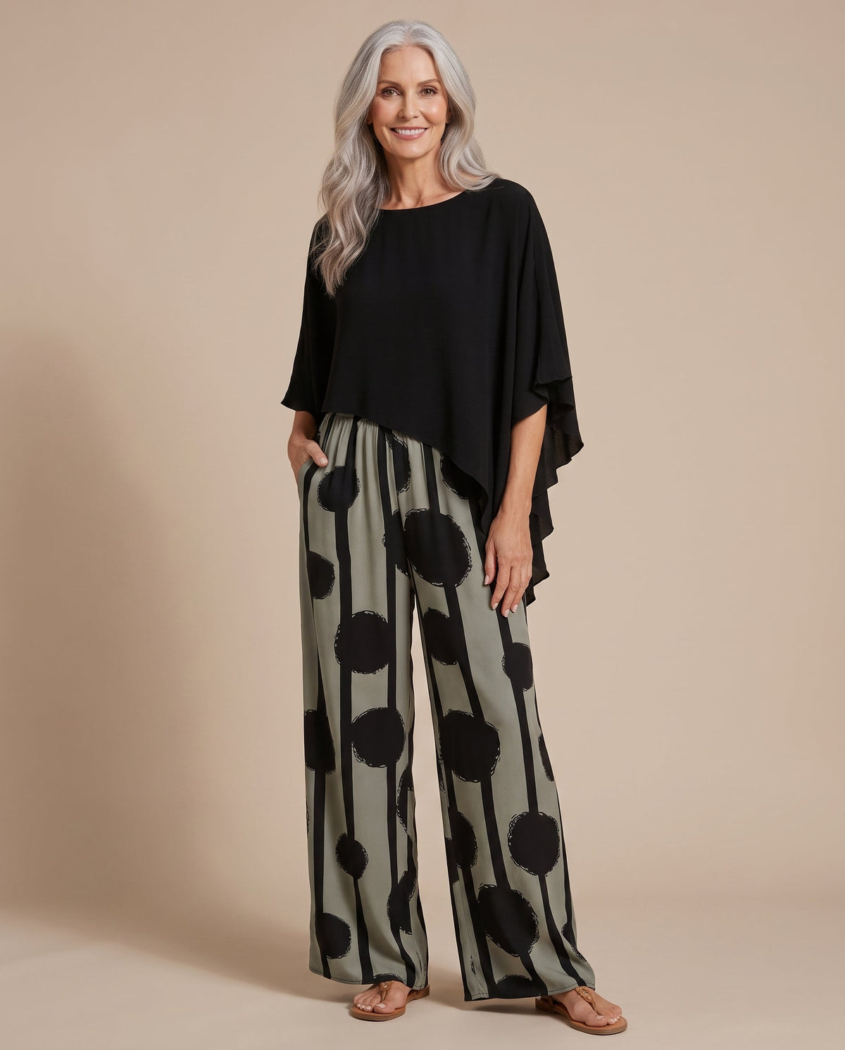 Cape Overlay Top and Dot Stripe Wide Leg Pants Two Piece Set