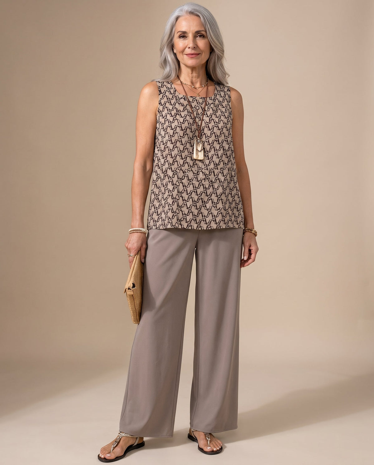 Sleeveless Geometric Print Top and Wide Leg Pants Two Piece Set