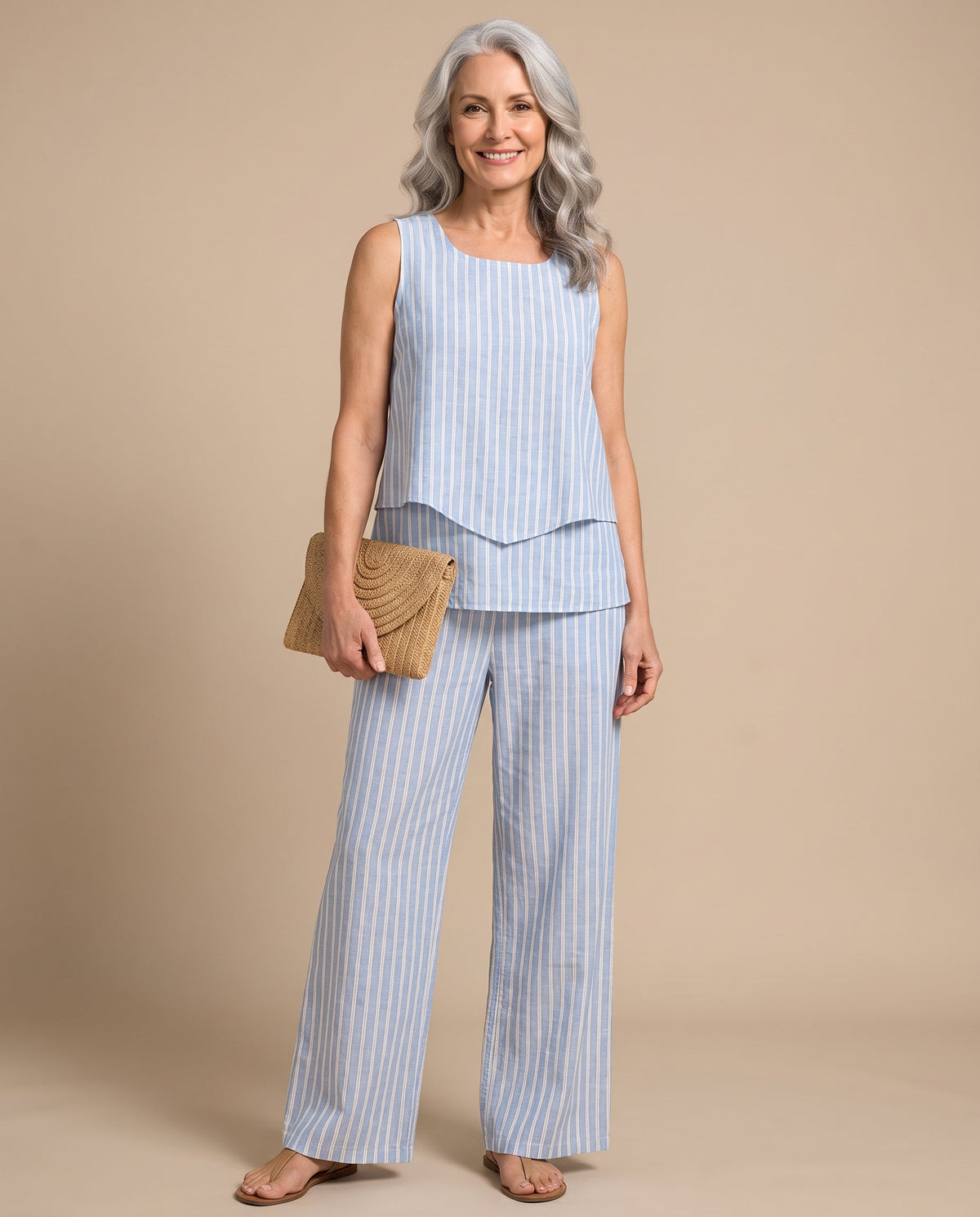 Sleeveless Layered Striped Top and Wide Leg Pants Two Piece Set