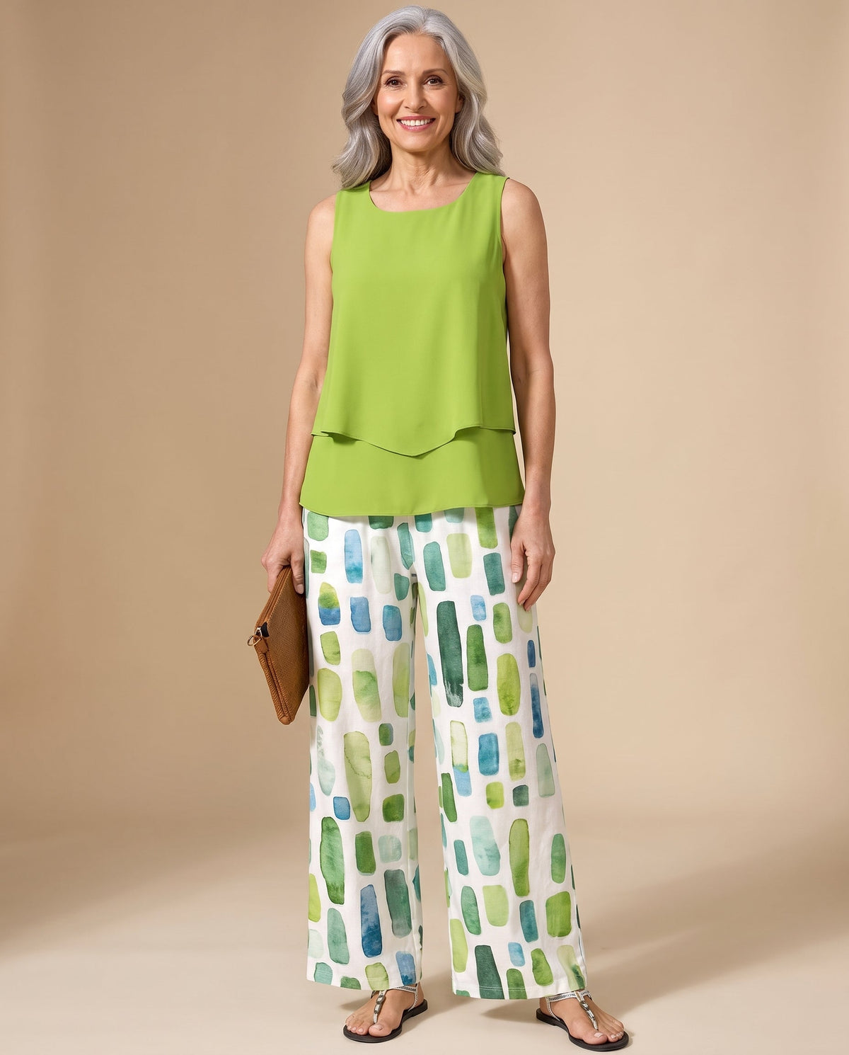 Sleeveless Layered Top and Abstract Print Wide Leg Pants Two Piece Set