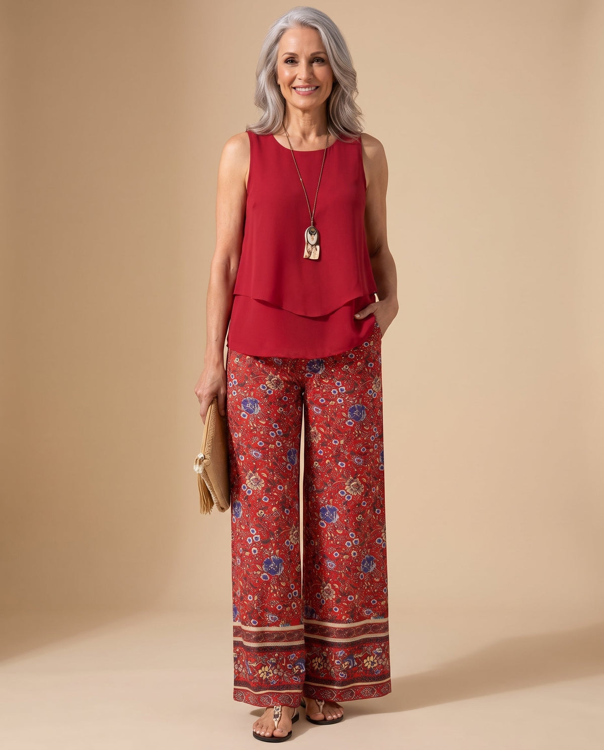 Sleeveless Layered Top and Floral Border Wide Leg Pants Two Piece Set