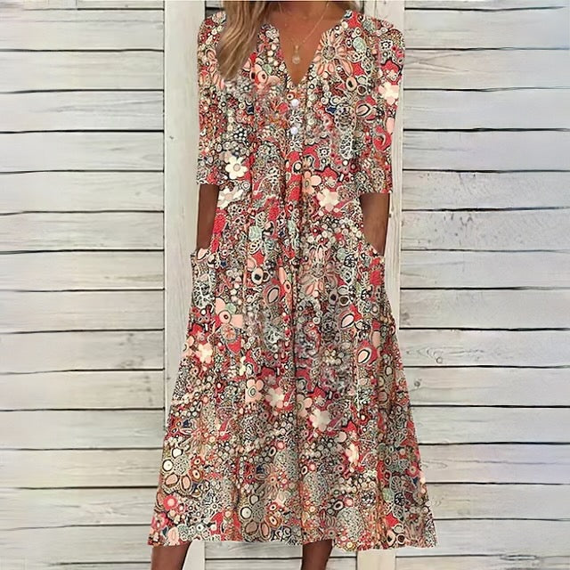 V-Neck Half Sleeve Side Pocket Relaxed A-Line Midi Dress