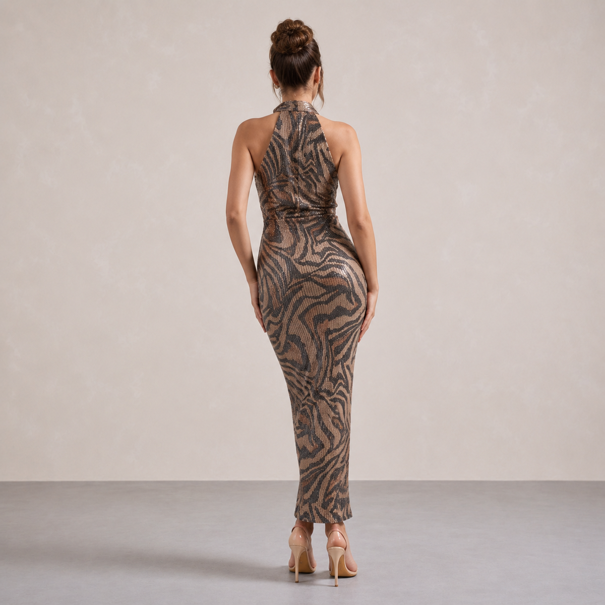 Sequin Animal Print Halter Cowl Neck Bodycon Maxi Dress 3