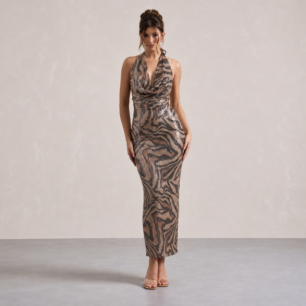 Sequin Animal Print Halter Cowl Neck Bodycon Maxi Dress