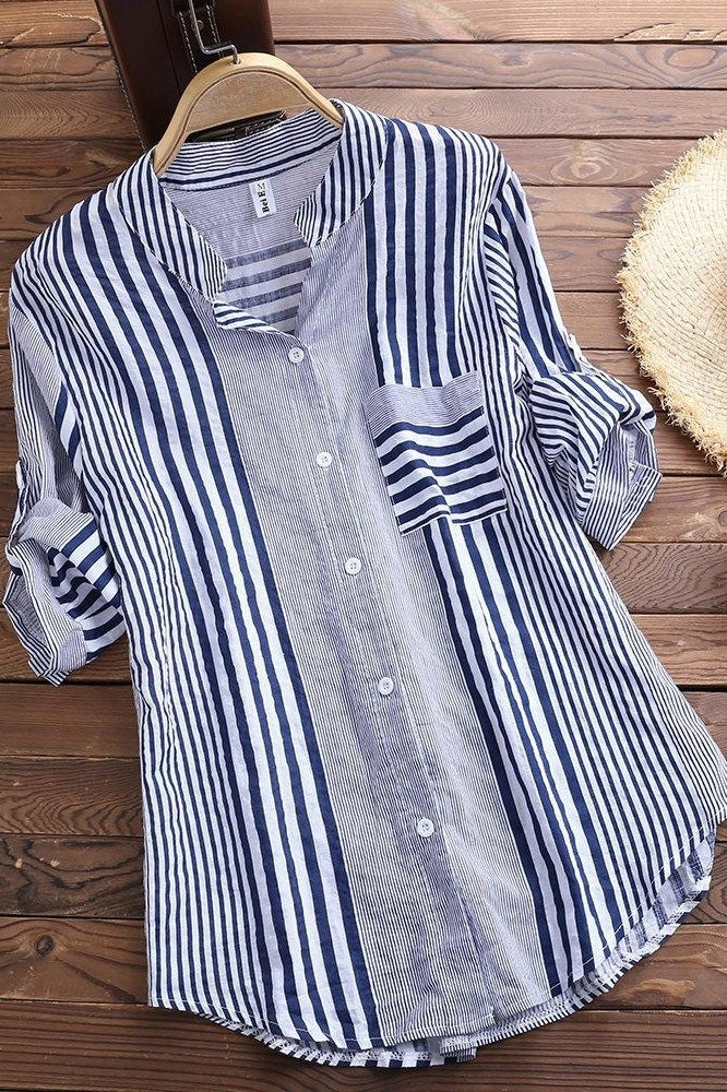 Striped Stand Collar Roll Tab Sleeve Button Front Shirt 2