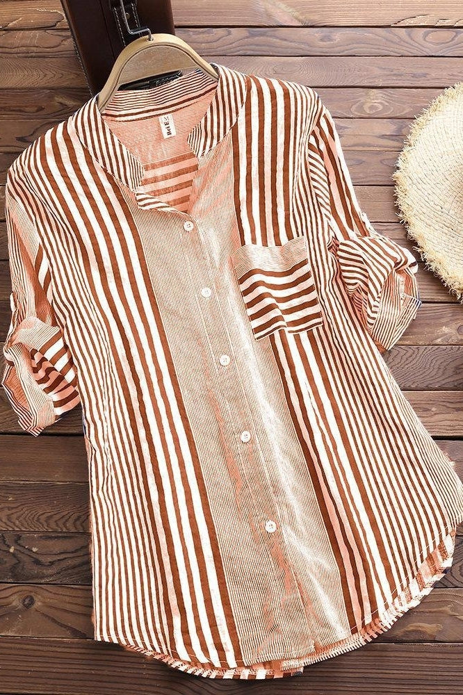 Striped Stand Collar Roll Tab Sleeve Button Front Shirt 3