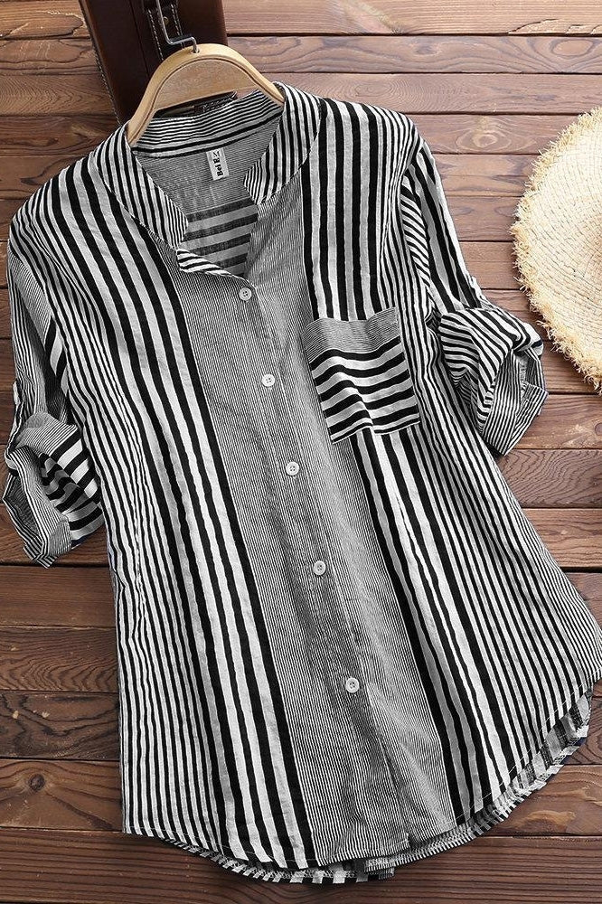 Striped Stand Collar Roll Tab Sleeve Button Front Shirt