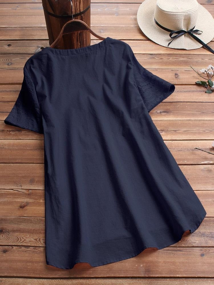 Eyelet Round Neck Short Sleeve Button Placket Layered Hem Tunic Top 5