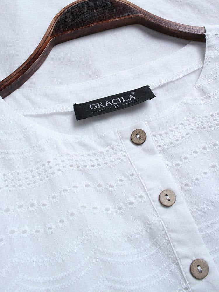 Eyelet Round Neck Short Sleeve Button Placket Layered Hem Tunic Top 7