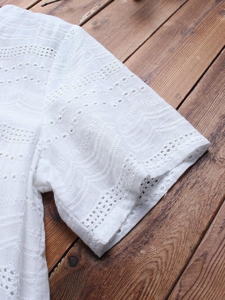 Eyelet Round Neck Short Sleeve Button Placket Layered Hem Tunic Top 8