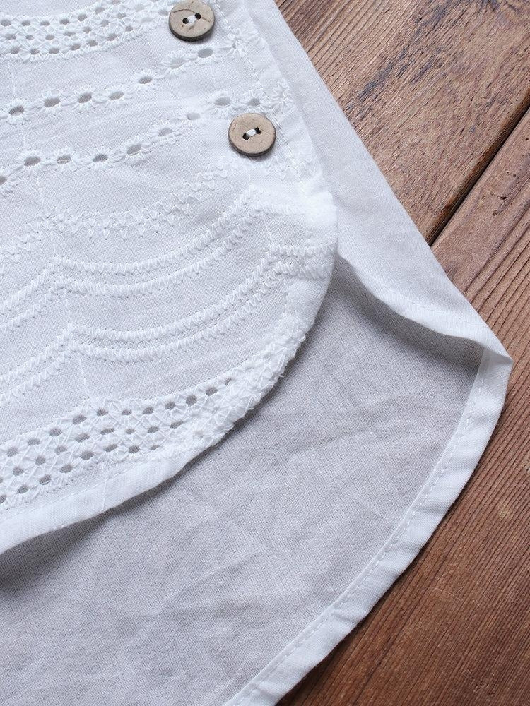 Eyelet Round Neck Short Sleeve Button Placket Layered Hem Tunic Top 9