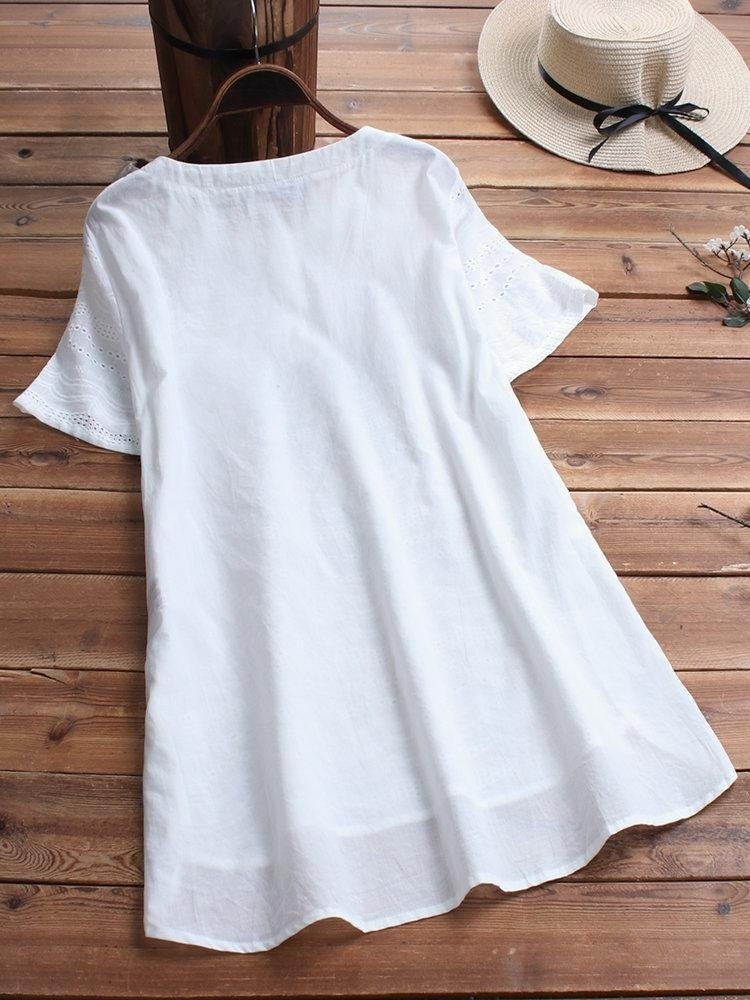 Eyelet Round Neck Short Sleeve Button Placket Layered Hem Tunic Top 4