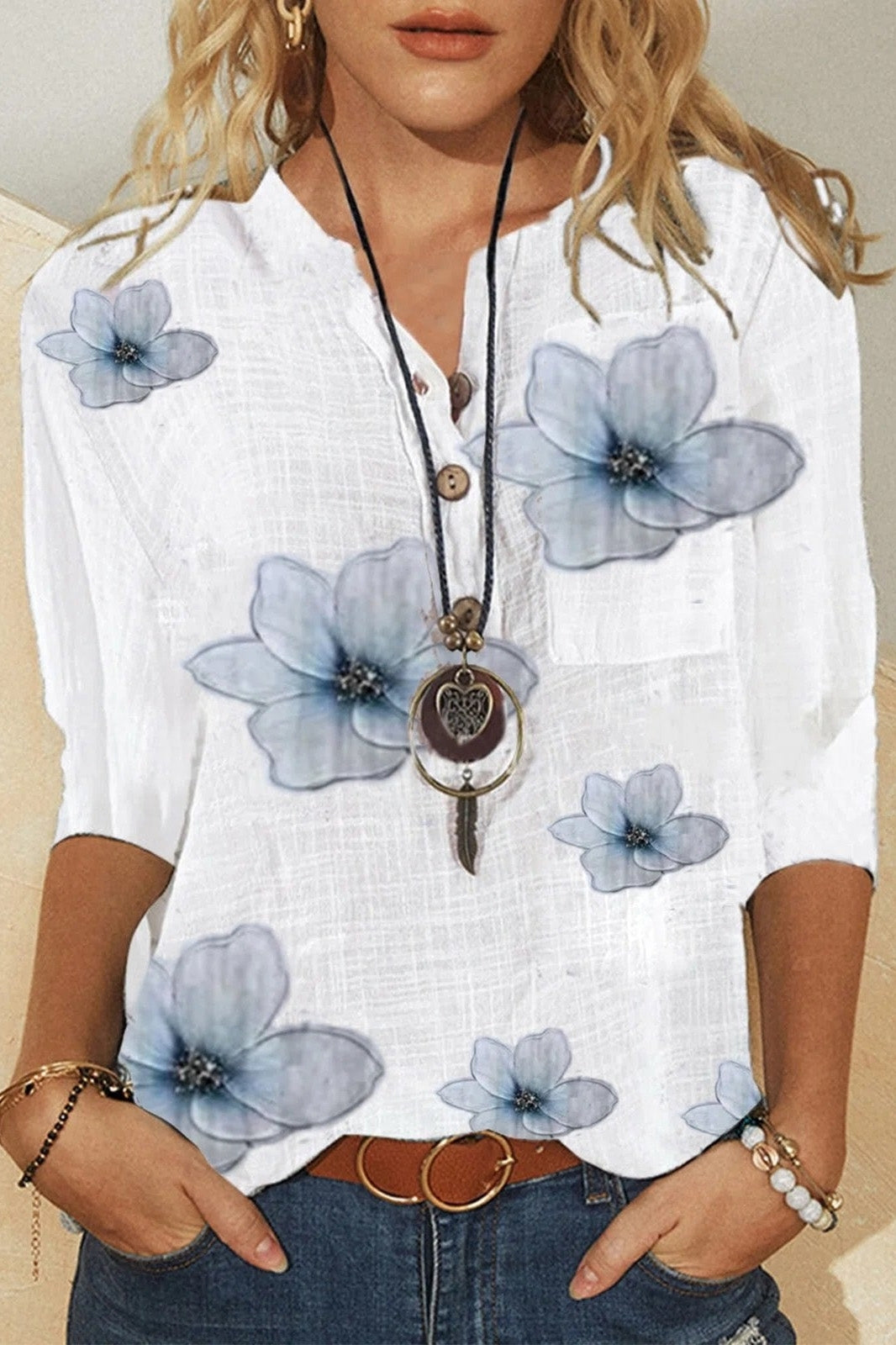 Floral Print Button Front Half Sleeve Blouse