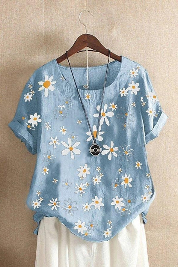 Daisy Floral Print Short Sleeve Round Neck Top