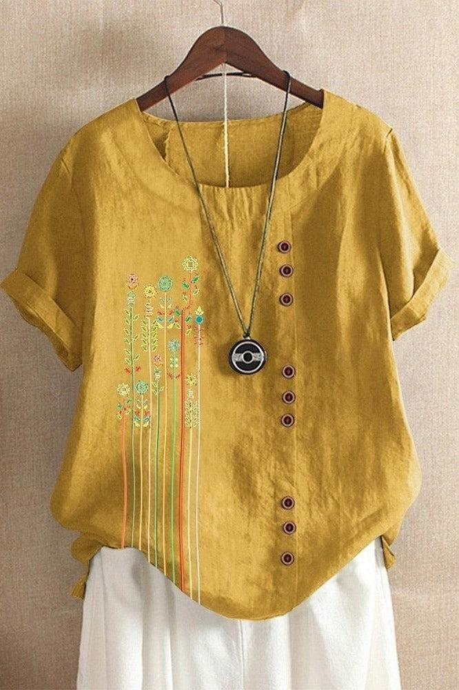 Bold Floral Print Waffle Knit Henley Short Sleeve Top 4