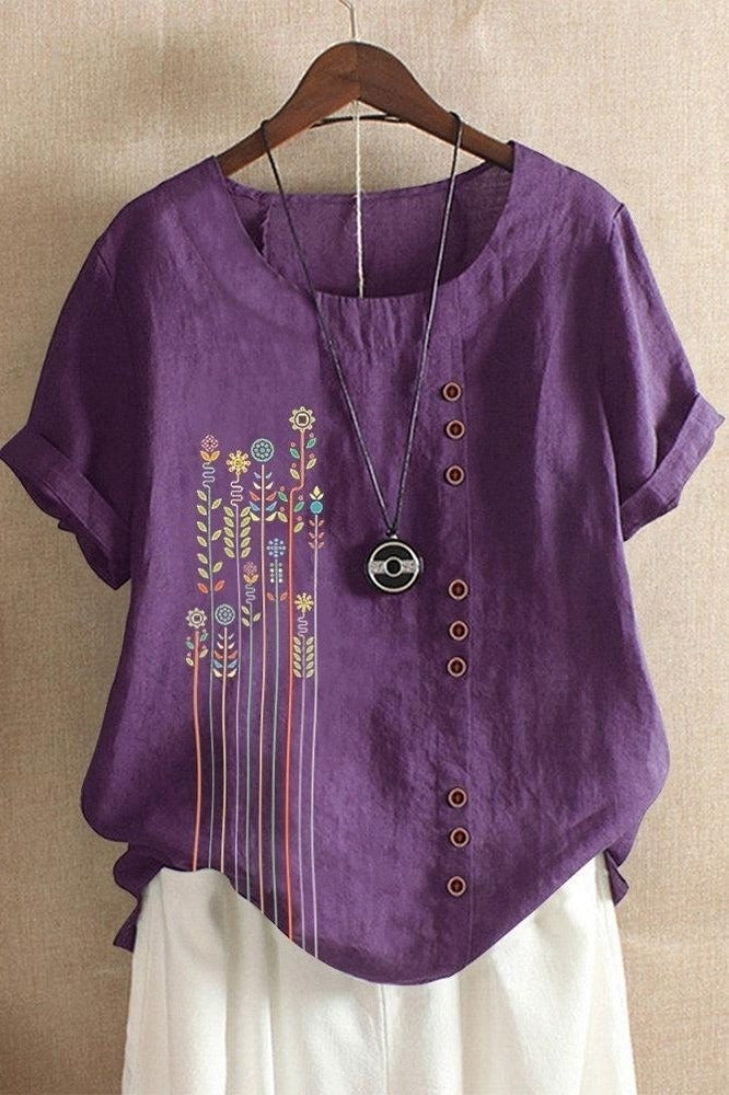Bold Floral Print Waffle Knit Henley Short Sleeve Top