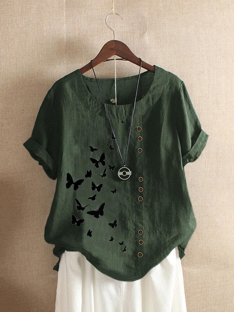 Butterfly Print Round Neck Short Sleeve Button Trim Linen Look Top 2