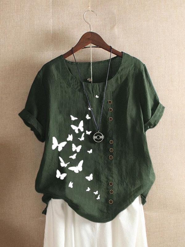 Butterfly Print Round Neck Short Sleeve Button Trim Linen Look Top 5