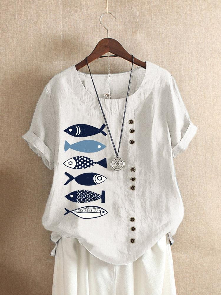 Fish Print Round Neck Short Sleeve Linen Top 3