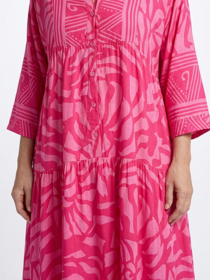Abstract Print Band Collar Button Front Tiered Maxi Dress 3