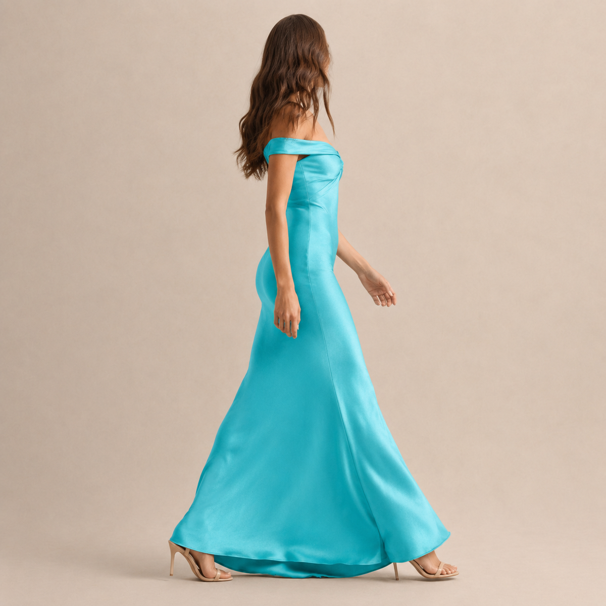 Off Shoulder Twist Front Satin Column Maxi Dress 12