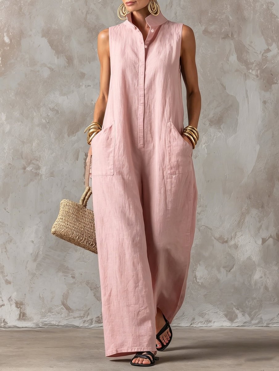 Stand Collar Sleeveless Wide Leg Linen Look Jumpsuit 8