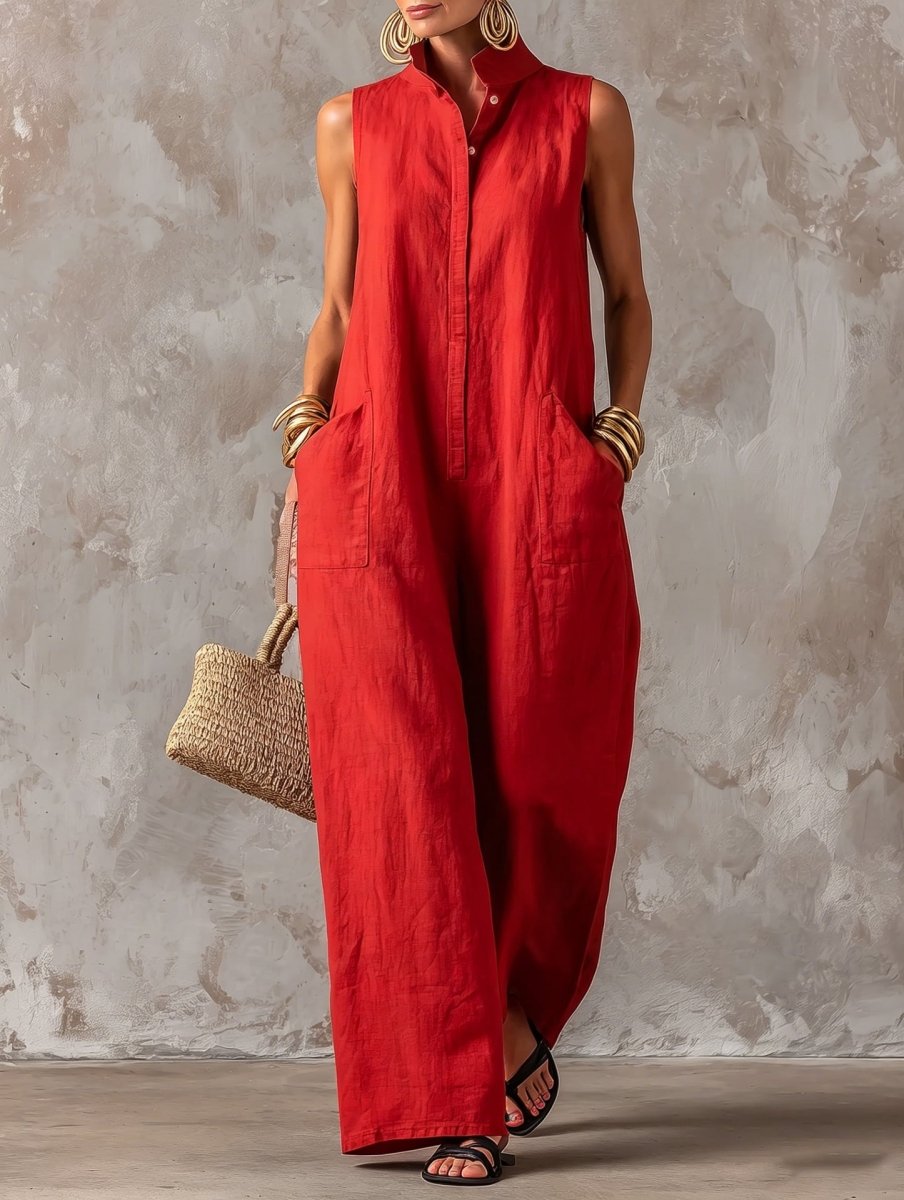 Stand Collar Sleeveless Wide Leg Linen Look Jumpsuit 7