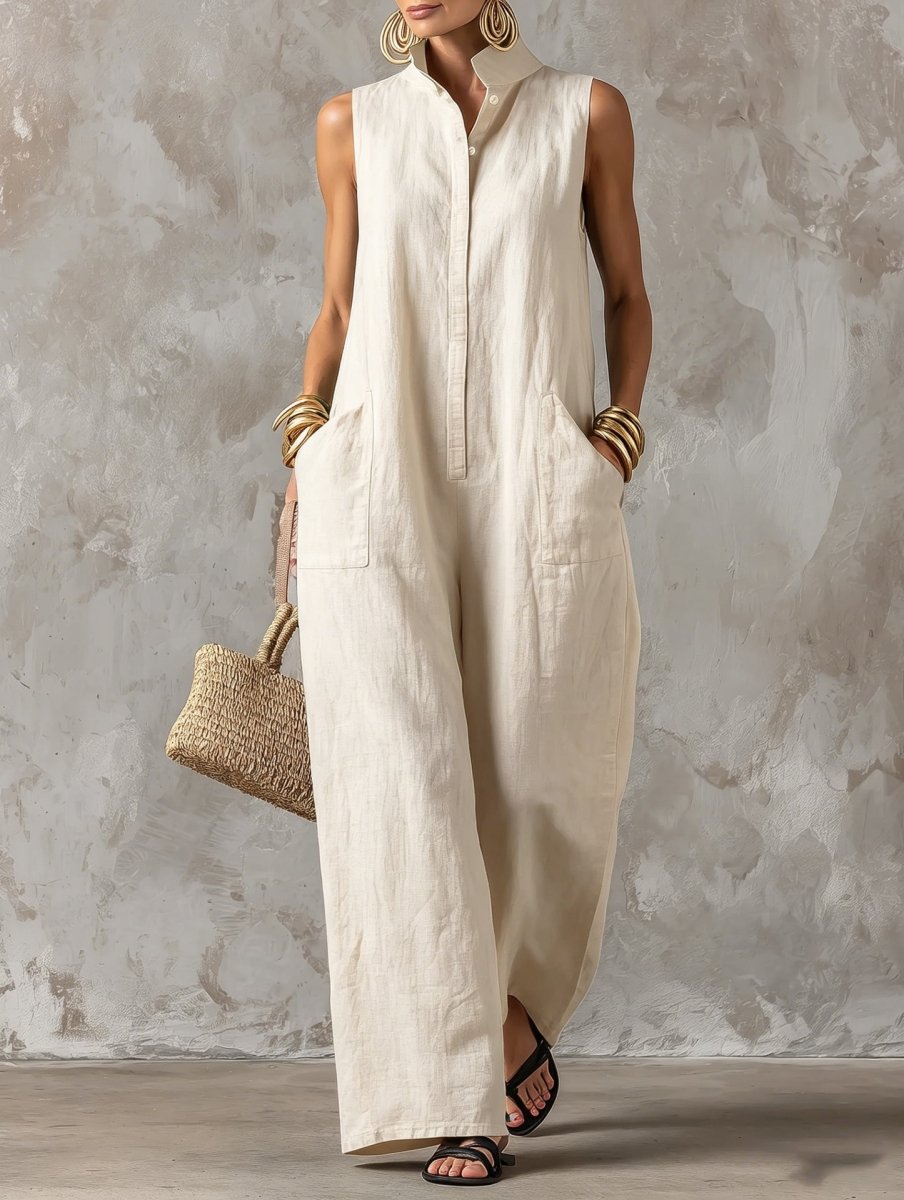 Stand Collar Sleeveless Wide Leg Linen Look Jumpsuit 5