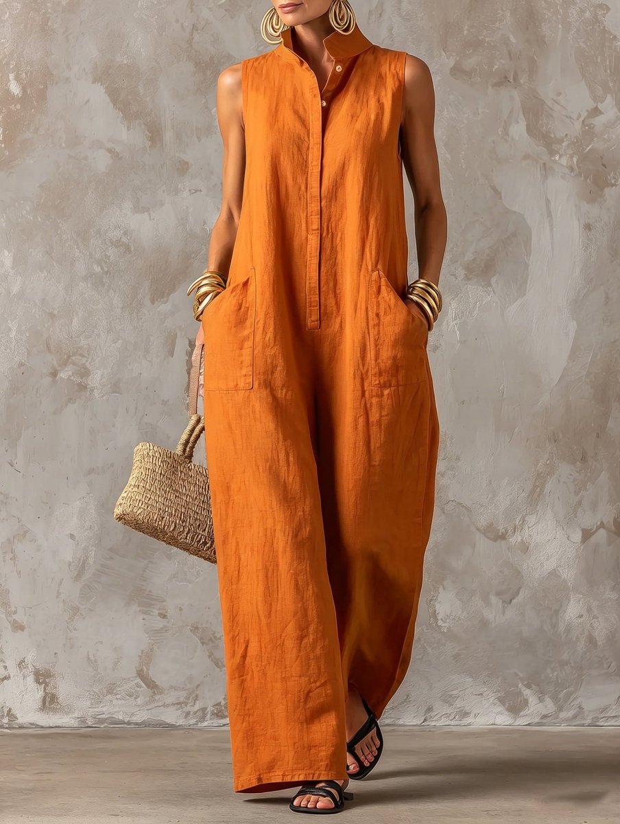 Stand Collar Sleeveless Wide Leg Linen Look Jumpsuit 6