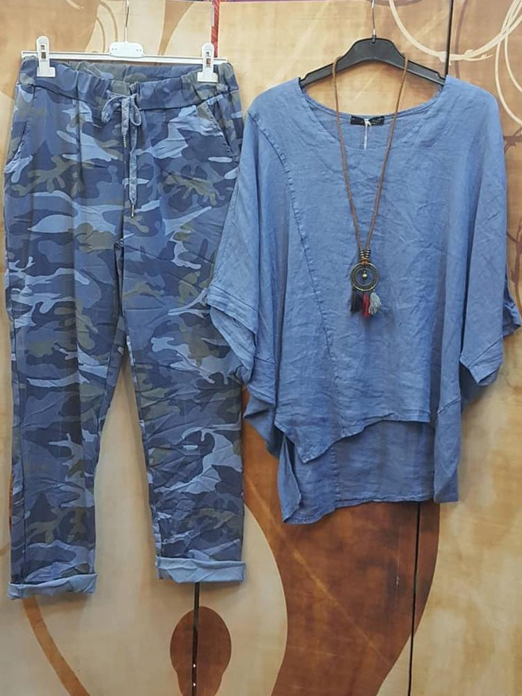 Batwing Sleeve Top and Camo Print Jogger Pants Two Piece Set 2