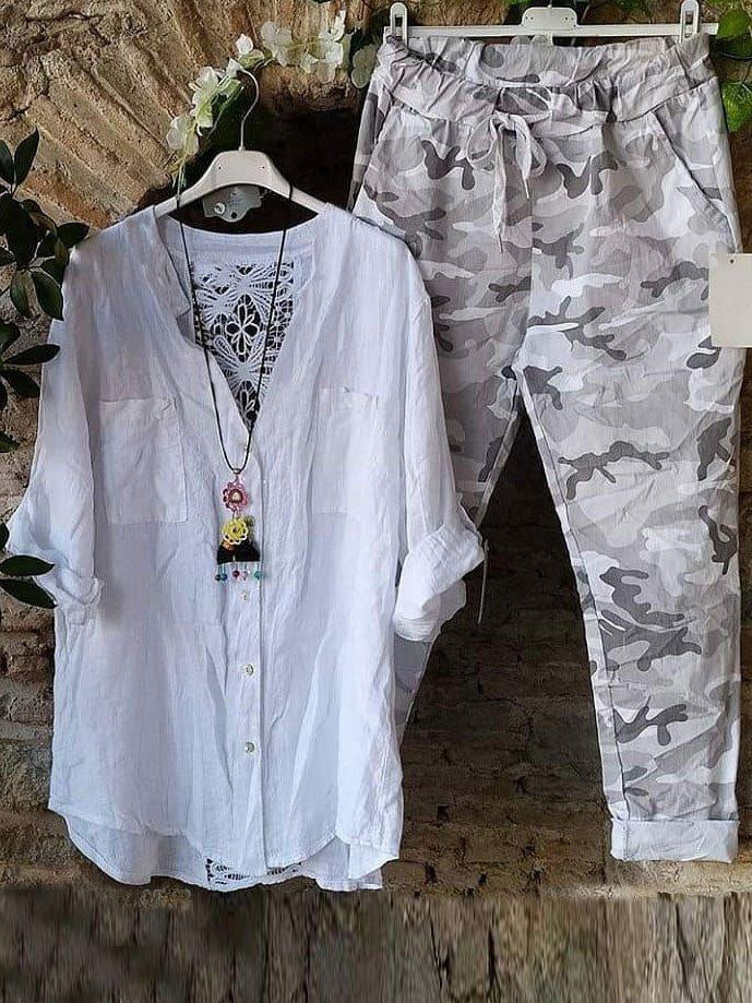 Crochet Back Shirt and Camo Print Pants Two Piece Set