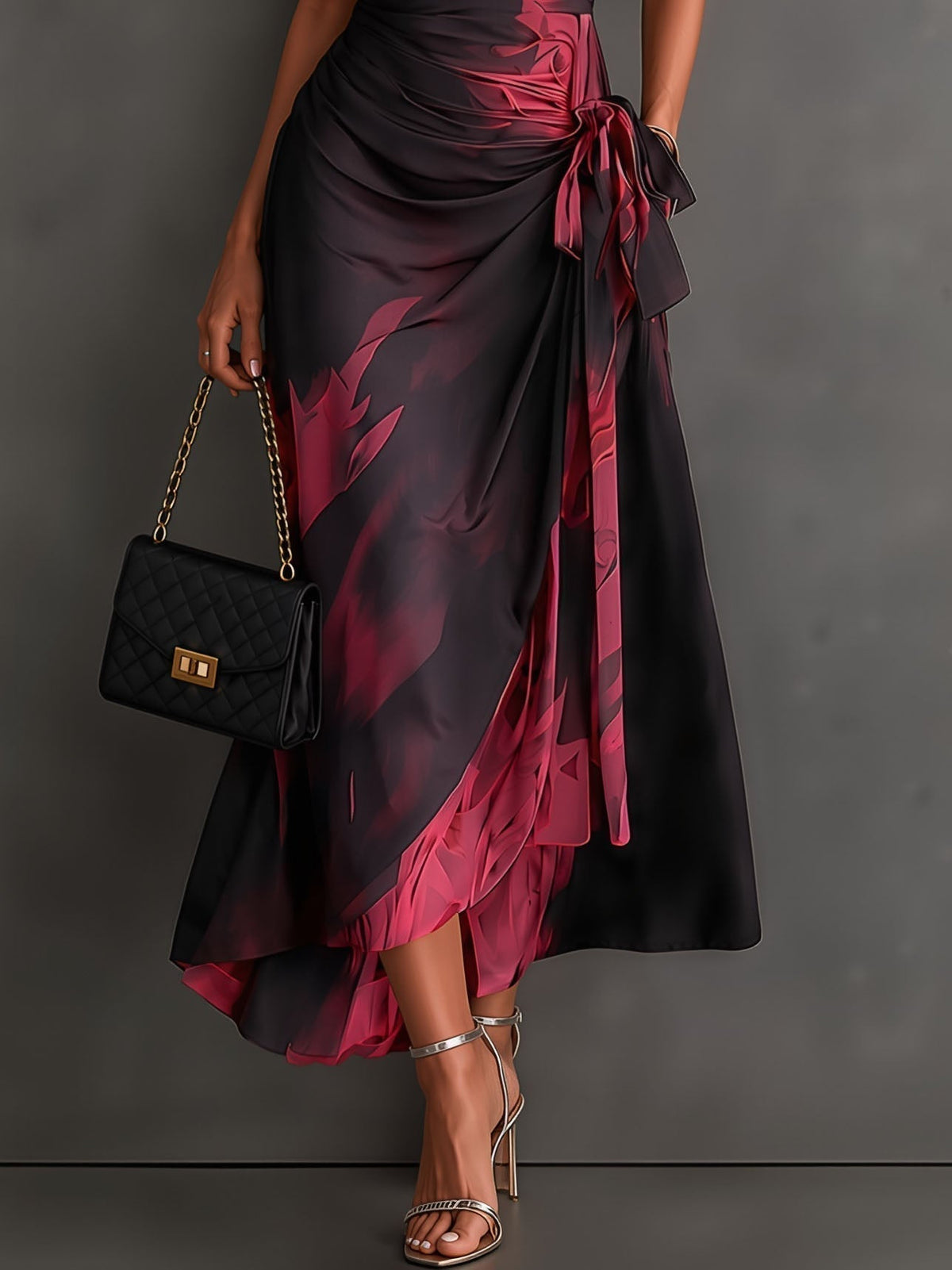 Abstract Print Collared Cap Sleeve Ruched Wrap Maxi Dress 3