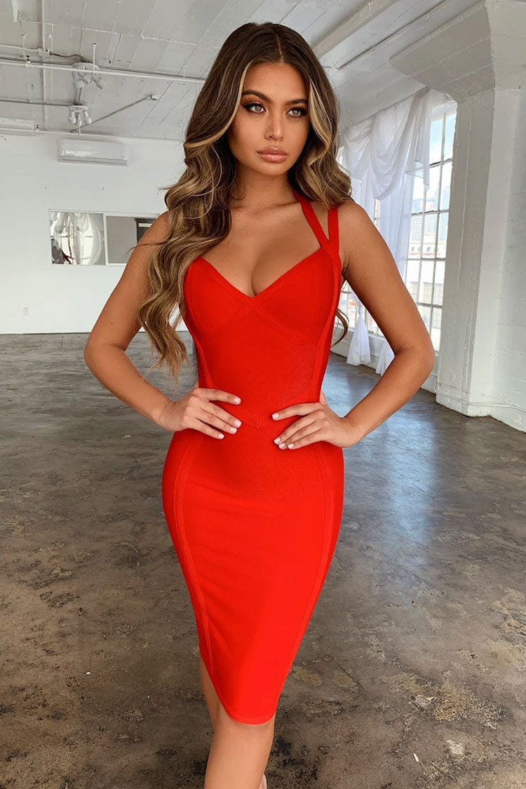 Bandage V-Neck Strappy Bodycon Midi Cocktail Dress