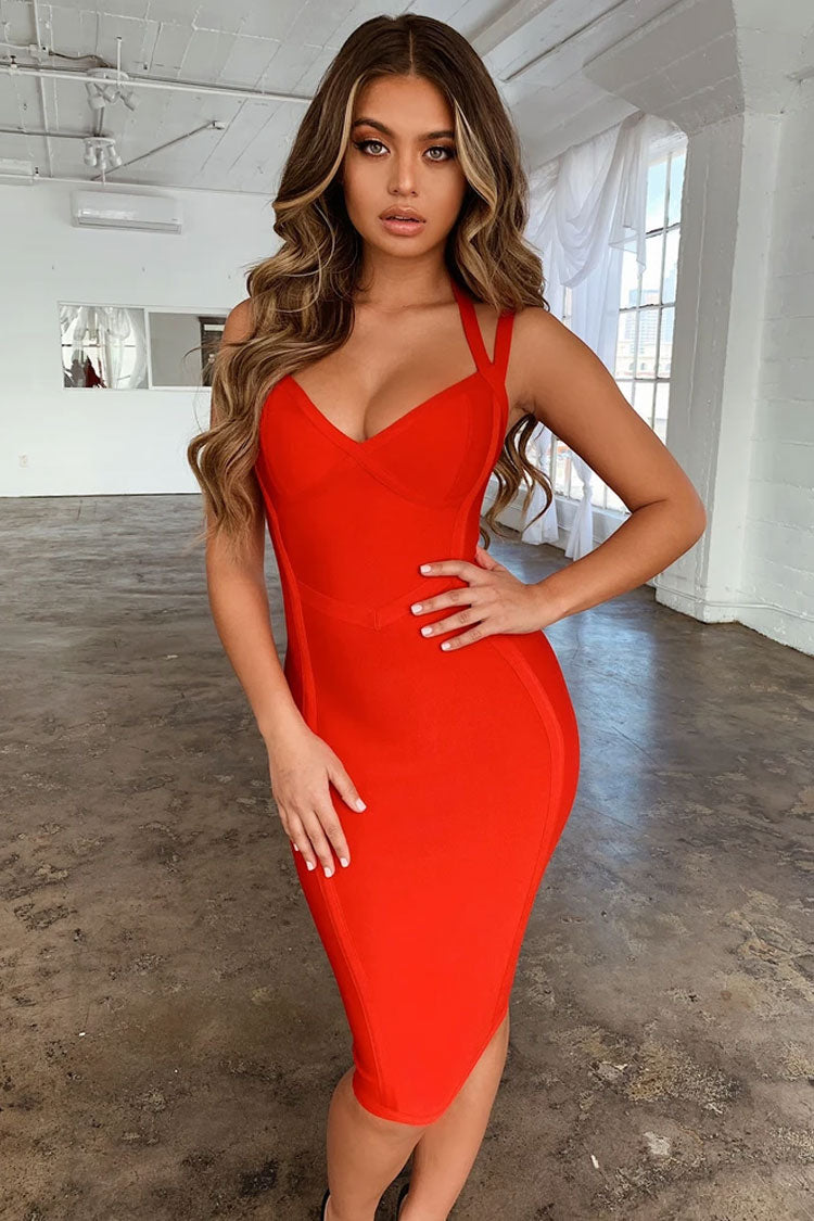 Bandage V-Neck Strappy Bodycon Midi Cocktail Dress - View 2