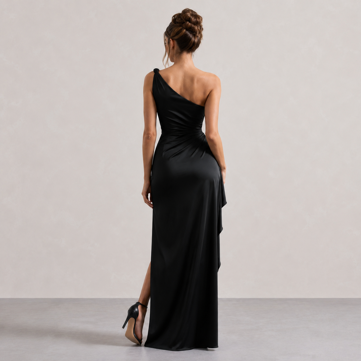 One Shoulder Ruched High Split Ruffle Satin Maxi Gown 9